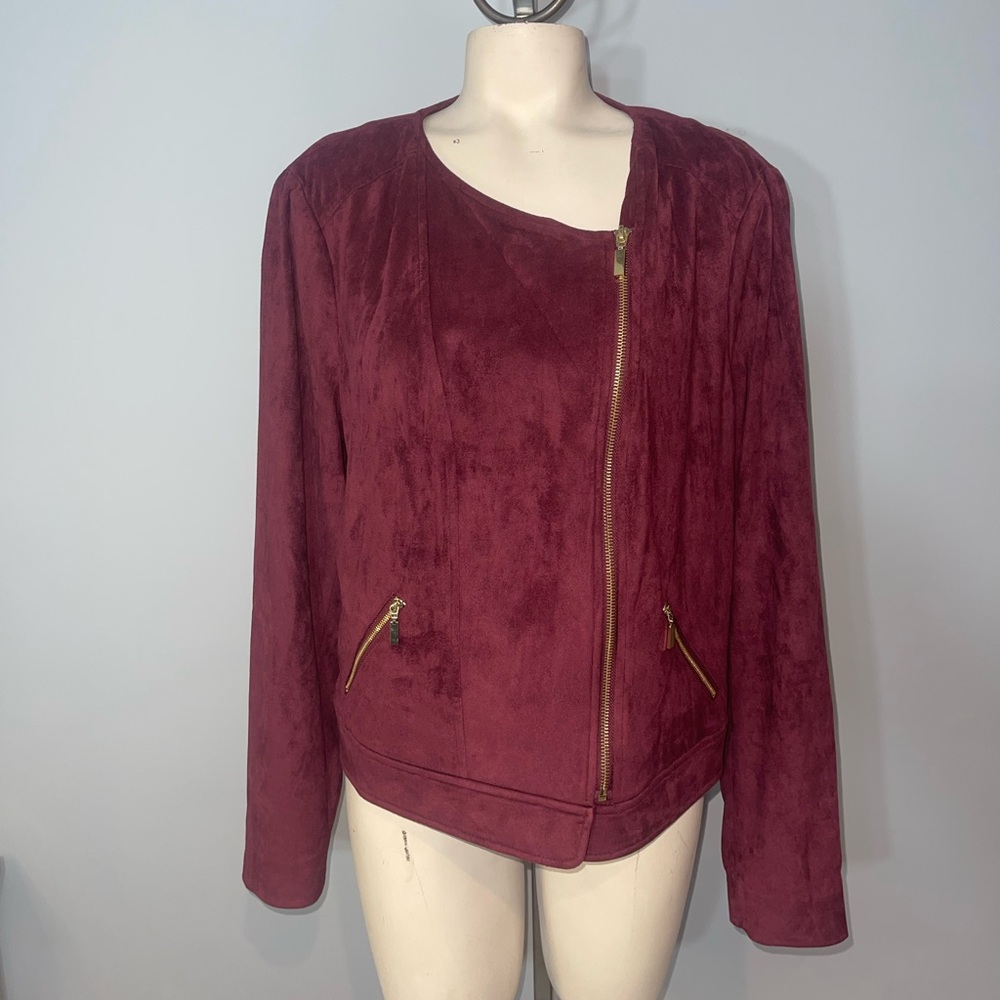 Thalia Sodi burgundy faux suede gold zipper jacket blazer woman’s XL NWT